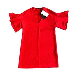 Zara Red Ruffle Sleeve Shift Dress Oversized V-Neck - New with Tags